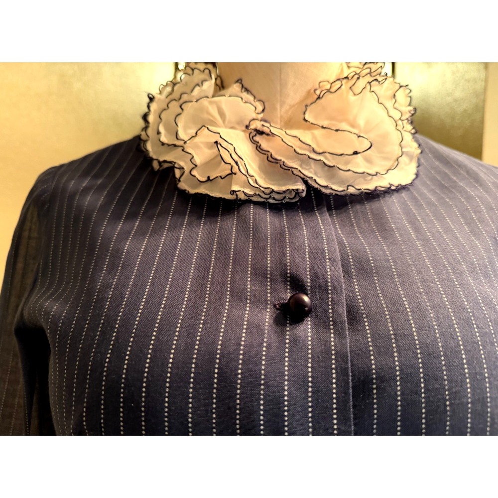 VTG Handmade Blue White Pinstriped Long Sleeved Dress Ruffled Collar and Sleeves